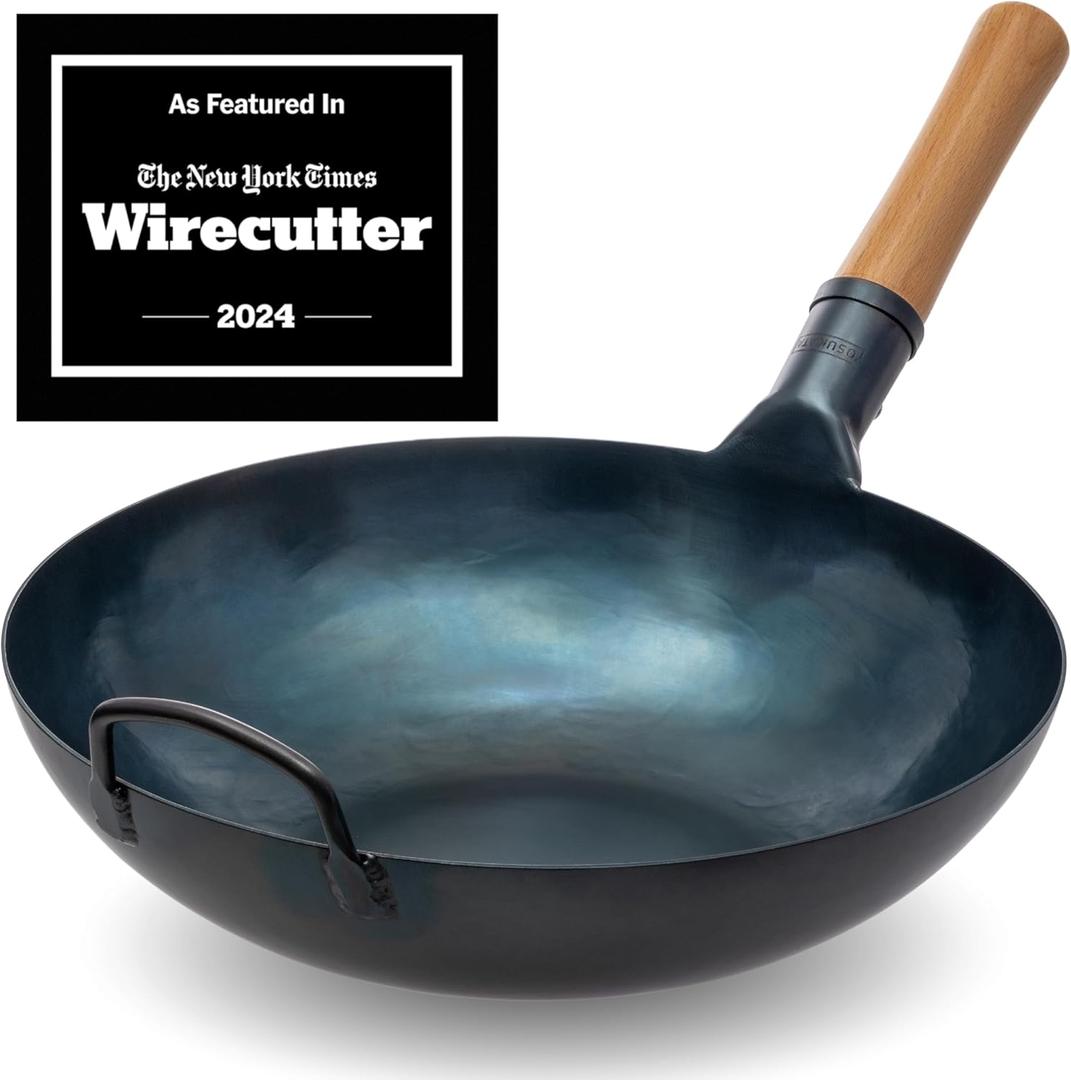 YOSUKATA Flat Bottom Woks and Stir Fry Pans- 13.5" - Preseasoned Blue Carbon Steel Wok - Traditional Japanese Chinese Pan for Electric Induction Ceramic Gas Cooktops and Open Fire - Grill BBQ Camping (13.5", Blue)