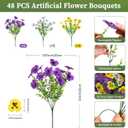 Alupssuc 48 Bundles Artificial Flowers for Outdoors, Fake Spring Flowers for Decoration, UV Resistant Realistic Pansies with Eucalyptus Silk Faux Flowers for Porch Patio Yard, Purple Yellow White