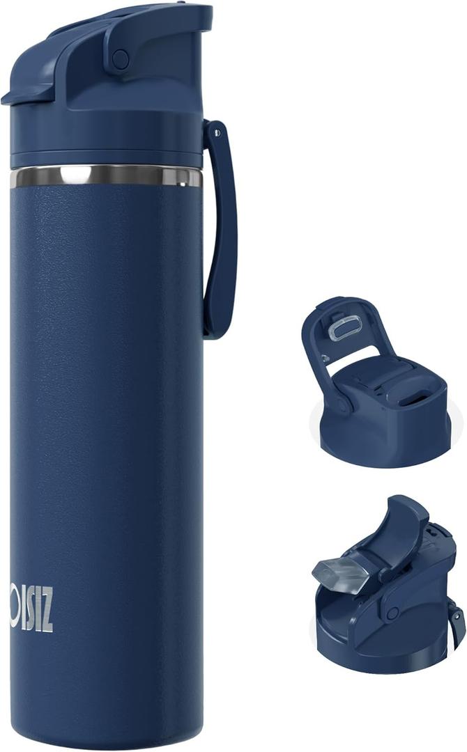 OISIZ Insulated Water Bottle 24 oz with 2 in 1 Spout and Straw Lid,One Click Safety Lock,100% Leakproof,Keep Cold 24H,Vacuum Stainless Steel Water Bottle for School,Travel and Sports,Dishwasher Safe (Navy Blue)