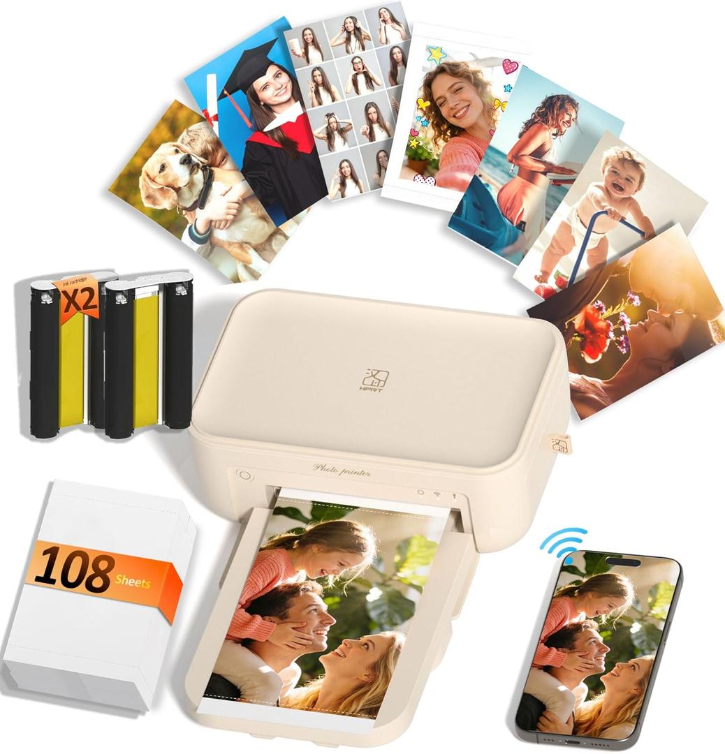 iDPRT 4x6 Photo Printer, CP4100 Instant Photo Printer for iPhone & Android with 108 Sheets & 2 Cartridges, Wireless Portable Picture Printer, 300DPi Thermal Dye Sublimation, Beige