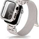 Magnetic Band for Women Compatible with Apple Watch Band 38mm 40mm 41mm 42mm 44mm 45mm 46mm Milanese Stainless Steel Loop with Bling Protective Case, Dressy Metal Strap Replacement iWatch Band (Starlight)