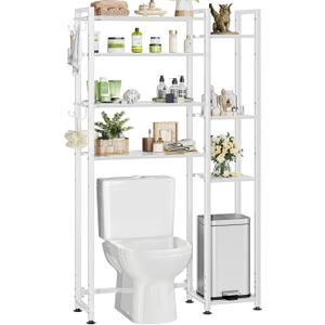 Simple Trending 8 Tier Over The Toilet Storage with Side Rack, Bathroom Organizer Metal Shelves for Towels, White