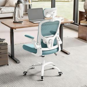 Office Computer Desk Chair - Lumbar Support and Headrest, Ergonomic Mesh Back Swivel Task Chair,Flip-Up Arms for Desk Work, 90-120 Tilt Rolling Chair for Home Office(White-Blue6076)