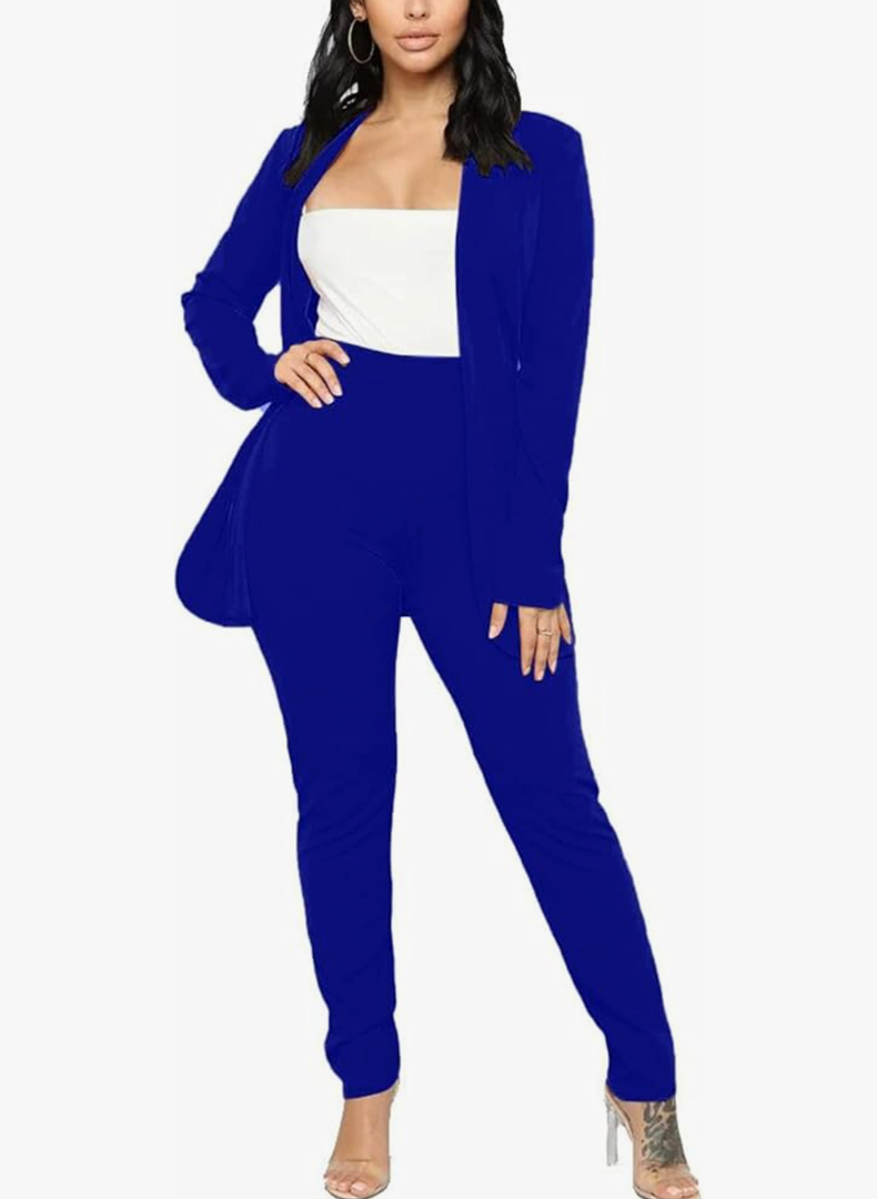 Women's Casual Pants Suit 2 Piece Business Outfits Solid Long Sleeve Blazer and Pencil Pant Sets, L