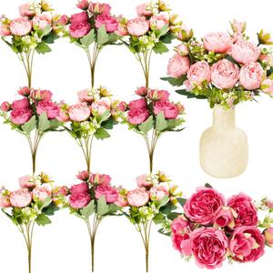 Jexine 12 Bundles Silk Artificial Peonies Flowers Faux Peony Bouquet Fake Peonies Artificial Flowers Bouquets for Vase Floral Arrangements Wedding Home Table Decoration (Rosy Red,Pink)
