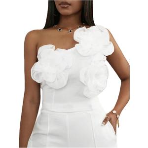 GORGLITTER Women's One Shoulder Flower Crop Tops Casual Floral Tropical Sleeveless Cute Summer Going Out Tank Tops (White, L)