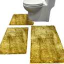 Madeals Chenille Bath Rug Set 3 Piece Bathroom Contour Rugs Combo, Soft Shaggy 2 Piece Bath Shower Mat and U-Shaped Toilet Floor Rug Golden