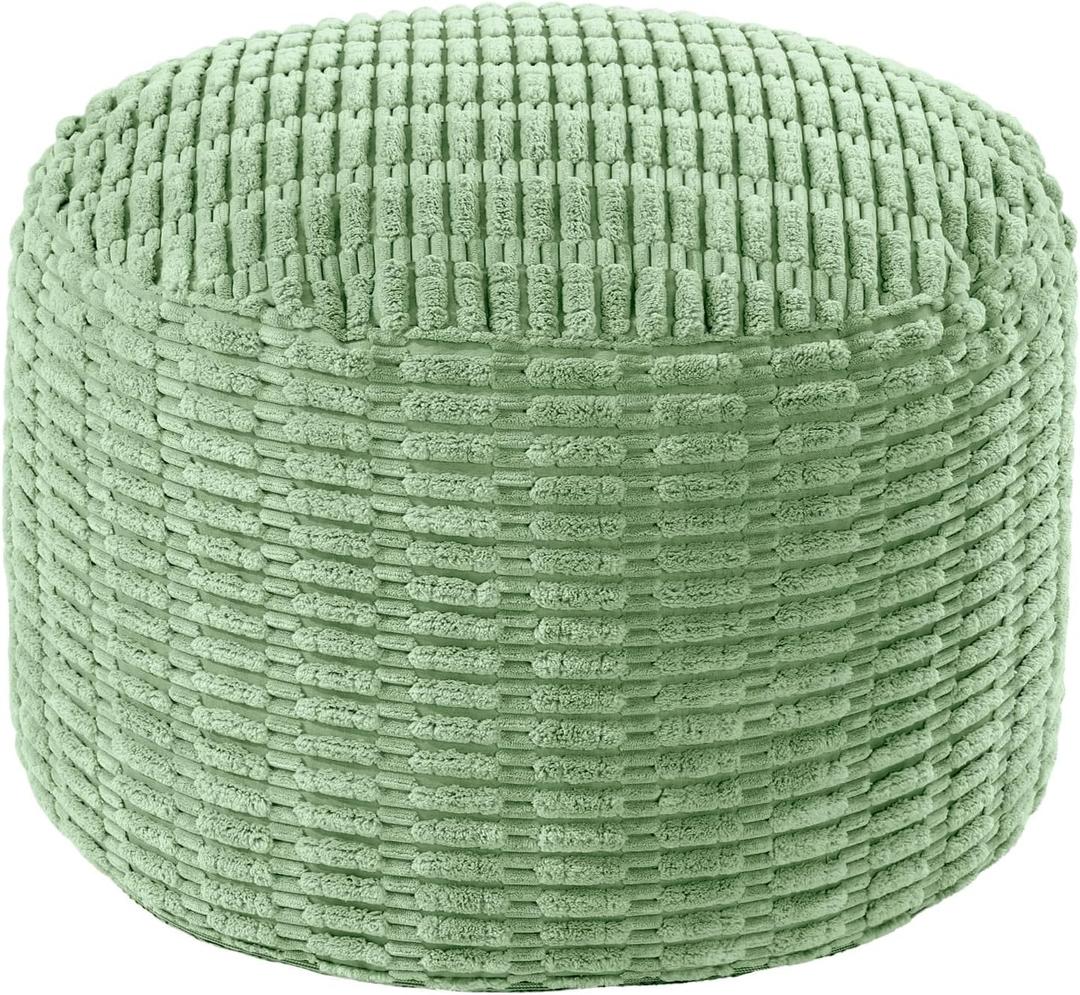 HOMBYS Unstuffed Ottoman Pouf Cover,Round Faux Fur Foot Stool, Fuzzy Chair, Floor Bean Bag(No Filler),Foot Rest with Storage for Living Room, Bedroom, Office, Striped Tufted (Sage Green)