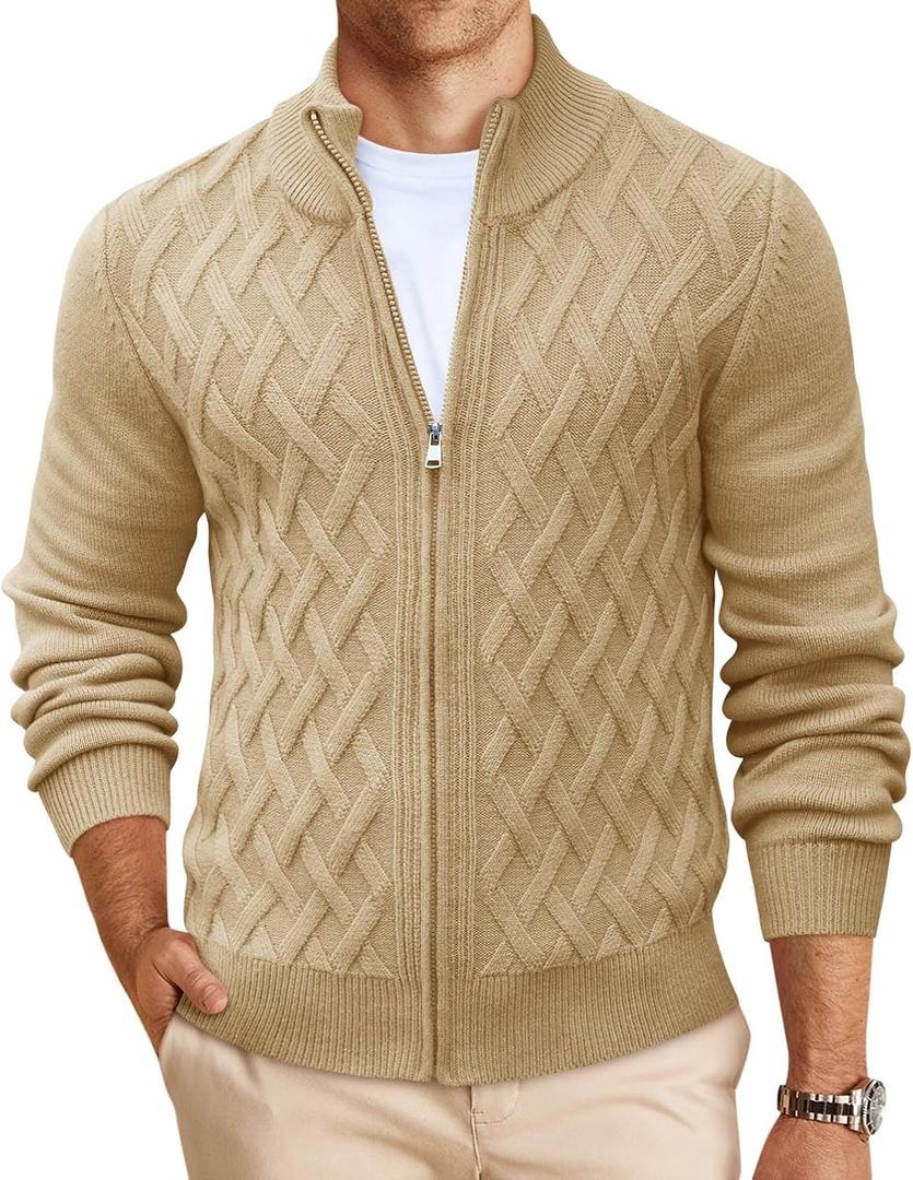 Yousify Mens Cardigan Sweater Full Zip Cable Knitted Stand Collar Cardigan Casual Long Sleeve Sweaters (XX-Large, Khaki)