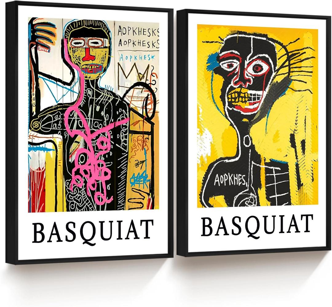 Framed Basquiat Wall Art, Jean Michel Basquiat Graffiti Wall Art, Abstract Wall Art Decor Canvas Poster for Living Room Bedroom Bathroom Decorations (16" x 24")