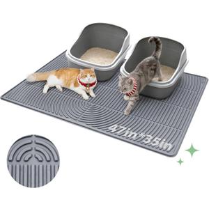 Cat Litter Box Mat, 47" x 35" Extra Large Silicone Waterproof Litter Trapping Mat for Scatter Control Soft on Kitty Paws Non-Slip Easy to Clean (Grey)
