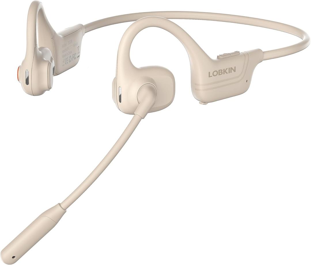LOBKIN Open Ear Headphones with Mic, Trucker Bluetooth Headset with Noise Cancelling Microphone and Multipoint Connect, Wireless Bluetooth 5.3 Headset for Computer Work, Driving, Workouts, Cream