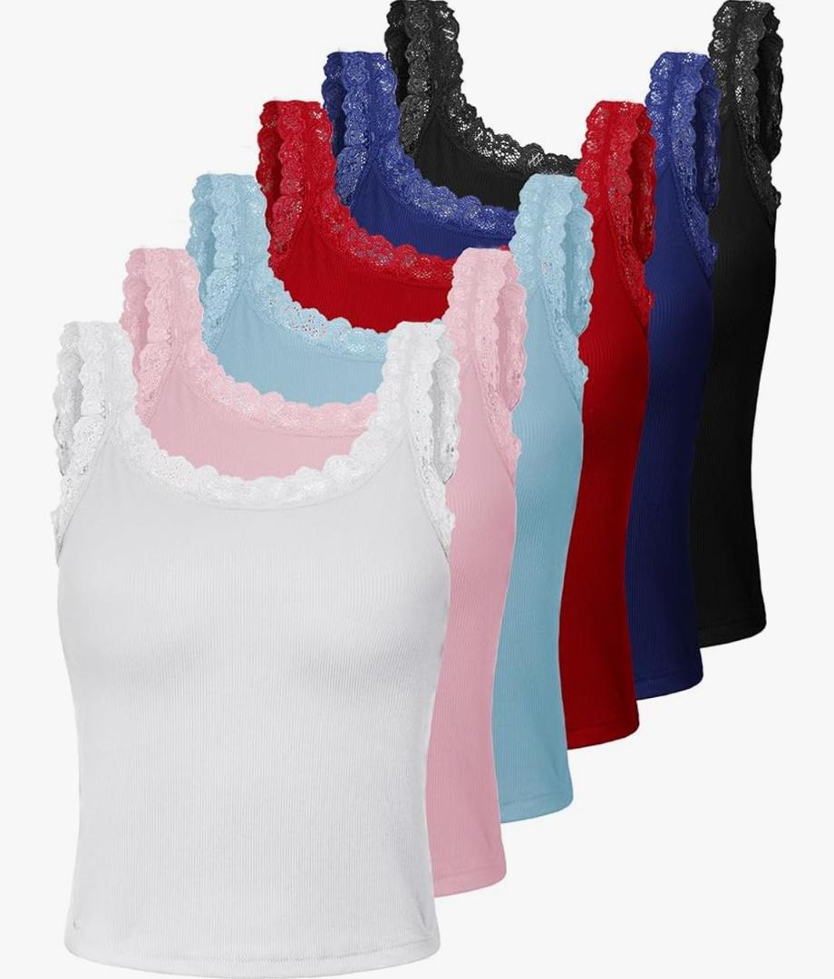 Hicarer 6 Pieces Lace Camisole Tank Tops Lace Trim Camisole Straps Womens Cami Undershirt Ribbed Tank Tops for Women S