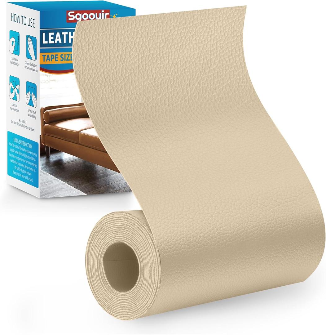 Sgooyir Leather Repair Patch Tape Kit, 4" x 63" Self Adhesive Leather Repair Patch for Furniture, Vinyl Leather Repair Kit for Car Seat, Chairs, Couch, Sofa, Boat Light Beige