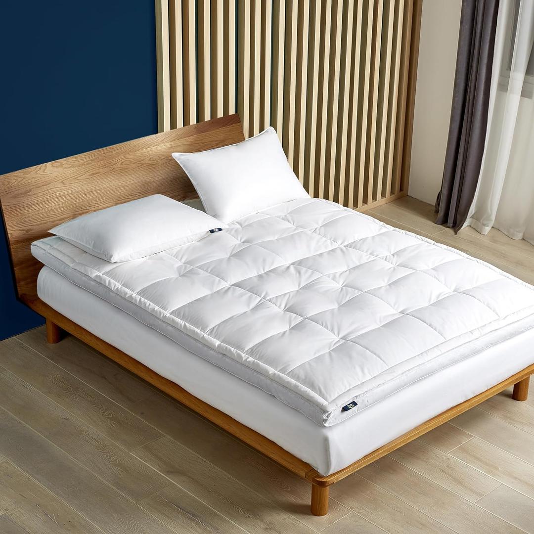Serta Feather and Down Fiber Pillow Top Mattress Topper Full Size - 233 Thread Count 100% Cotton Mattress Pad Ultra Soft 2-Inch Support Feather Bed-White