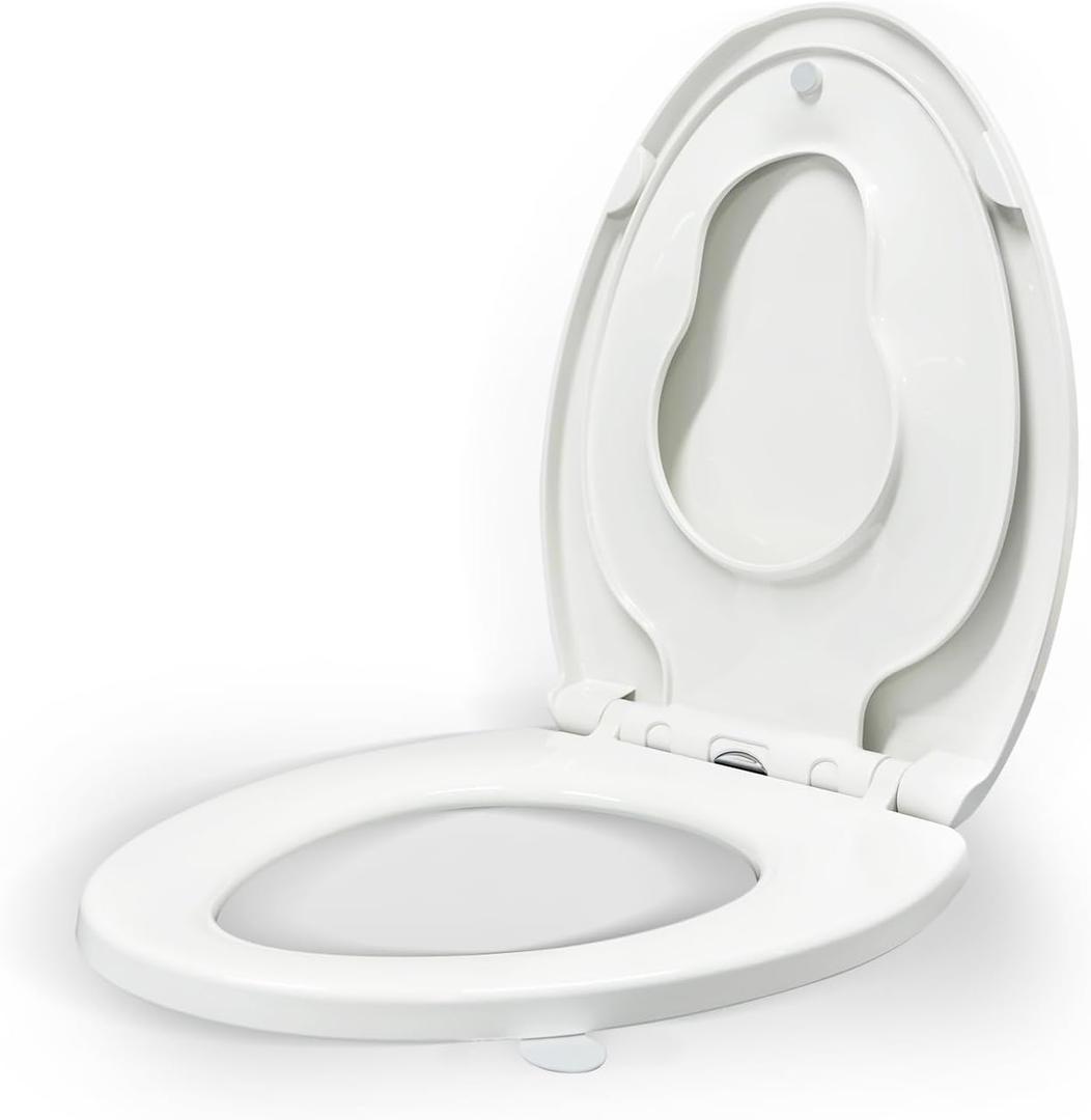 KHE Elongated Toilet Seat with Child Seat 18.5 Inch, Soft Close Toilet Seat with No-Touch Handle, Quick Release, Non-Slip, Durable PP, White