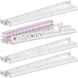18.5 Inch Mahjong Racks with Pushers - Set of 4 Premium Tile Holders for 1.2" American Mahjong Games, Smooth Sliding for Family Game Nights (Transparent with Glitter)