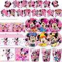 Minnie Birthday Party Supplies, 93 pcs Party Decorations include 6 Different Style Paper Plates, 2 Large Tablecloth, Happy Birthday Banner, Napkins and Cups for Boys Girls Decor, Serve 15+ Guest
