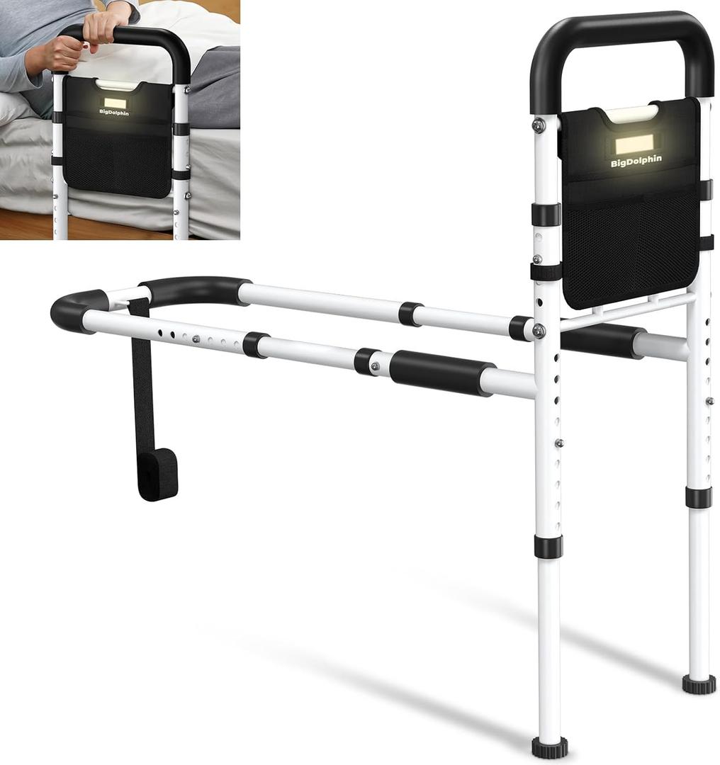 Bed Rails - ASTM Approved Adjustable Bed Cane with Motion Sensor Light, Non-Slip Ergonomic Handle & Storage Pocket, 350LBS Stable Bed Assist Rails for Seniors, Tool-Free (Medium)