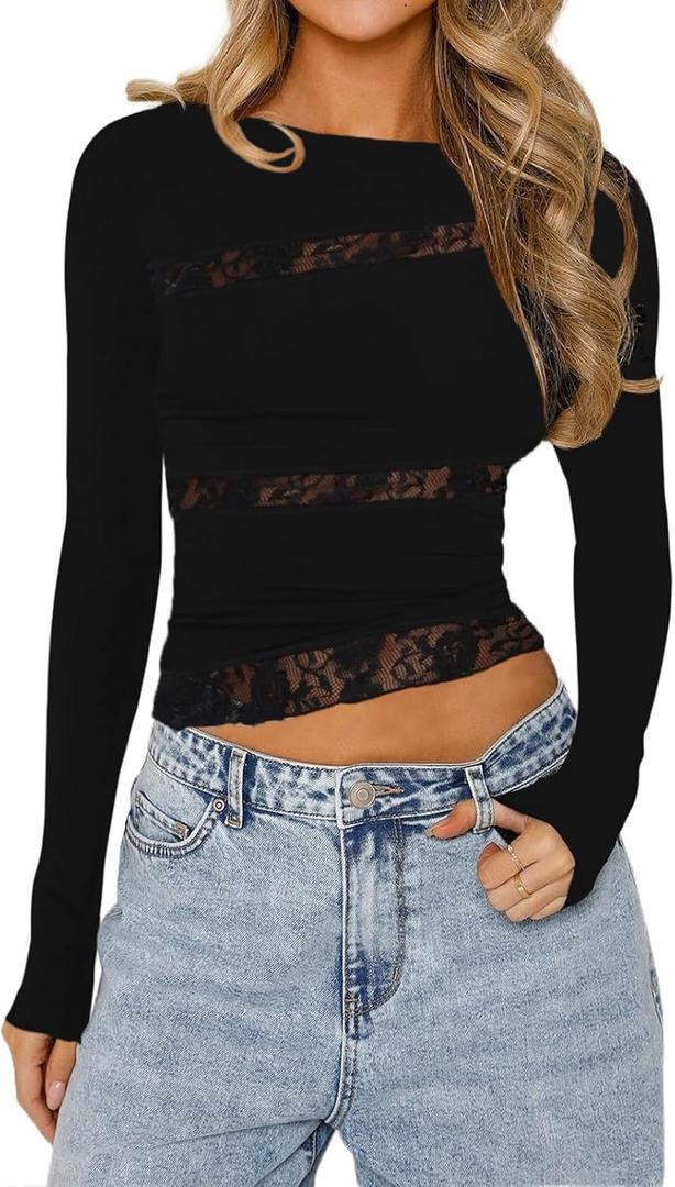 Women Long Sleeve Lace Trim Top Patchwork Slim Fit Shirt Tee Y2K Going Out Crop Top(A-Patchwork Lace Trim Black Top,S