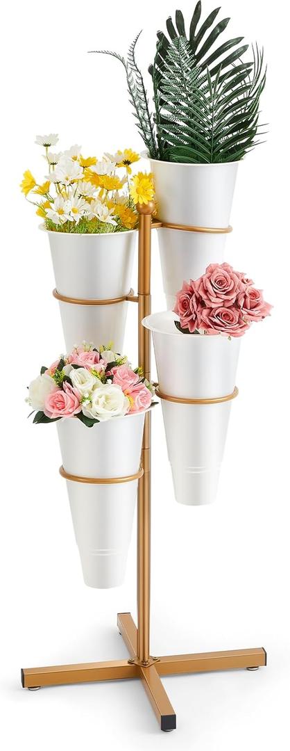 Flower Display Stand with 4 White Plastic Buckets, Rotatable Metal Flower Stand Gold Plant Stands 4 Tier Florist Shelf Plant Cart for Patio Garden Living Room Indoor Outdoor Home Decoration