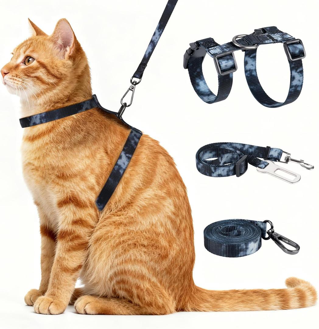 Cat Harness and Leash Set, 3-in-1 Escape Proof Adjustable, Comfortable Soft Lightweight, Safe, Easy to Wear, Walking Travel Kitten Harness for Small Medium Cats Black