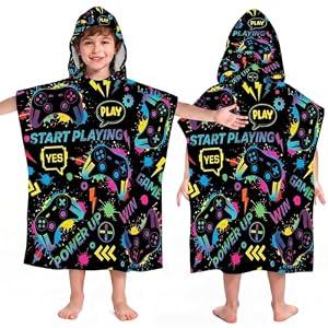 Fanfanwin Poncho Towel Game Hooded Bath Towel for Boy Cool Graffiti Game Cotton Beach Poncho Fit Height 37 Inches to 50.5 Inches Boys Soft Rapid Dry for Home Swim Travel Beach Pool Travel Use