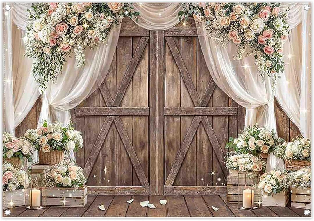 2 x 7x5ft Fabric Wedding Rustic Barn Door Backdrop Vintage Floral White Curtains Photography Background Bridal Shower Birthday Party Decorations Photo Banner Props