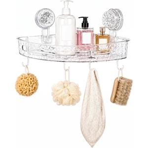 Corner Shower Caddy with Strong Suction Cups, No-Drill 90 Corner Shower Organizer with Hooks, Removable Wall Mounted Shelf for Tile, Glass & Metal (White/Clear)