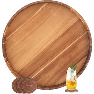 Large Ottoman Tray, 22" Big Ottoman Tray for Living Room, Large Serving Tray with Handles for Coffee Table Kitchen Counter,Great Round Wooden Trays with 4 Round Coasters for Appetizers, Dinner