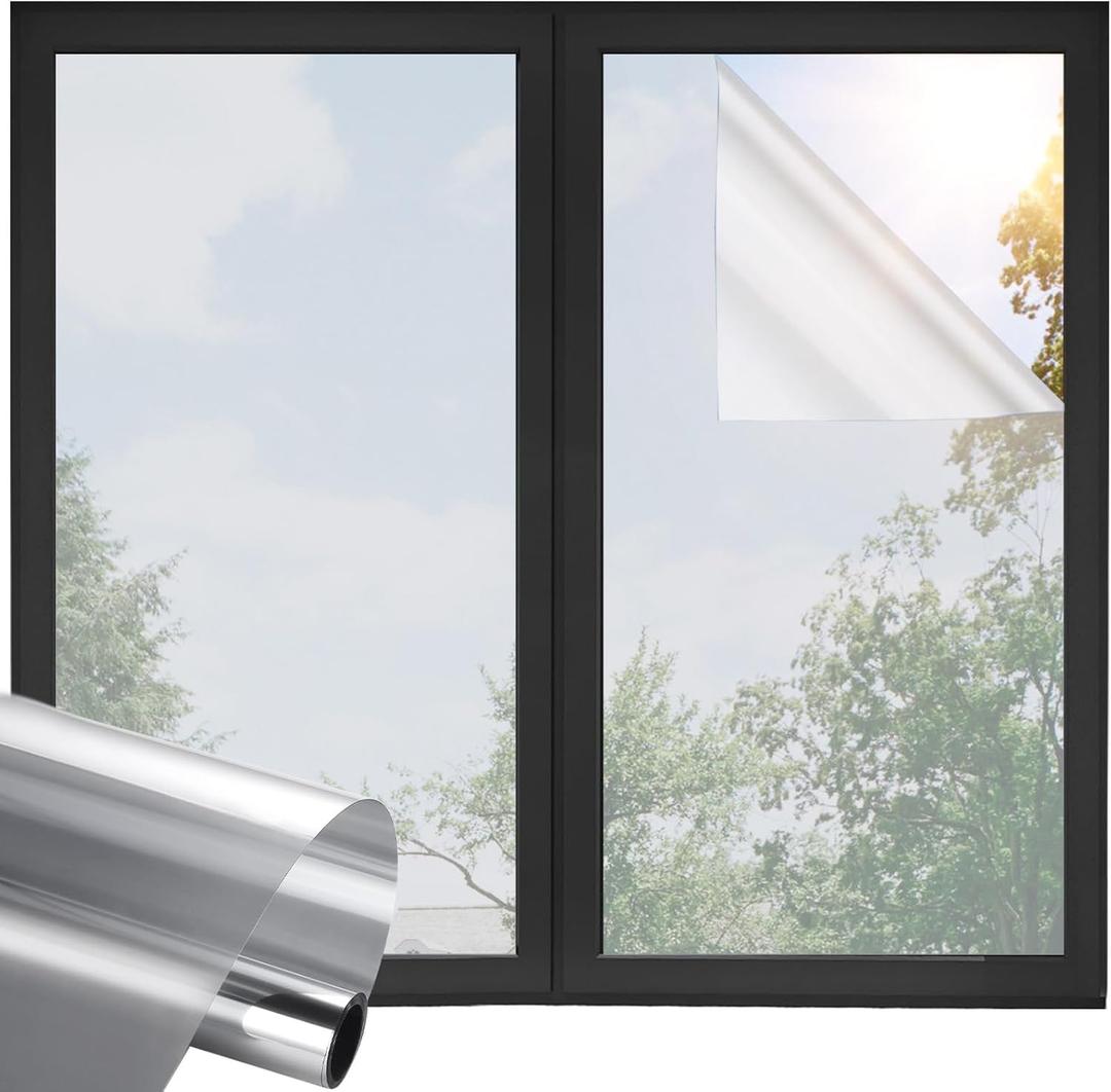 Window Privacy Film One Way Daytime Privacy Static Cling, Mirror Vinyl Roll Heat Control Anti UV Window Tint for Home and Office,Non-Adhesive Window Film,Silver, 23.6" x 78.7"