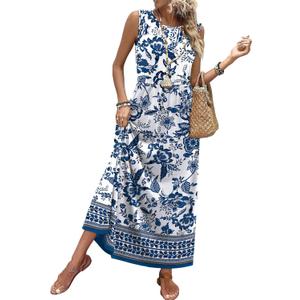 Maxi Dresses for Women 2026 Vacation Floral Sundresses Casual Flowy Boho Summer Dress Spring Wedding Guest Cruise Outfits Resort Wear 2025 2026 Midi Dresses for Women L, Floral Blue