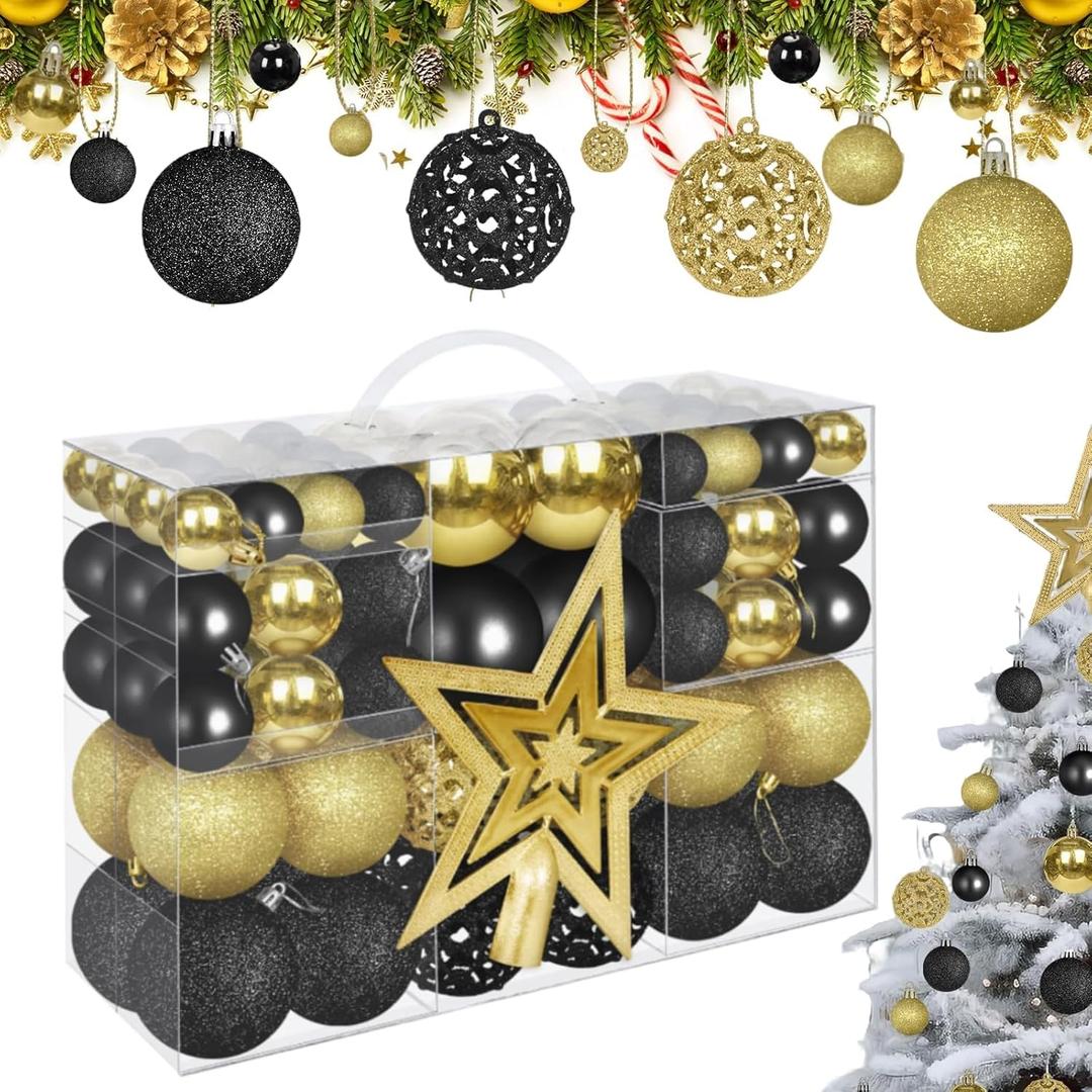 101 Pcs Christmas Ball Ornaments Set - Hanging Ornaments for Xmas Tree Decoration Bulk, Shatterproof Decorative Hanging Baubles for Party Holiday Wreath Garland Home Dcor (Gold+Black)