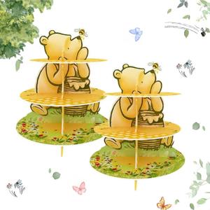 2PCS Winnie Dessert Holder, 3 Tier Classic Winnie Cupcake Stand for Kids Bear Cardboard Cake Stand Winnie Baby Shower Decorations Winnie Theme Party Supplies Vintage Bear Birthday Party Dessert Holder
