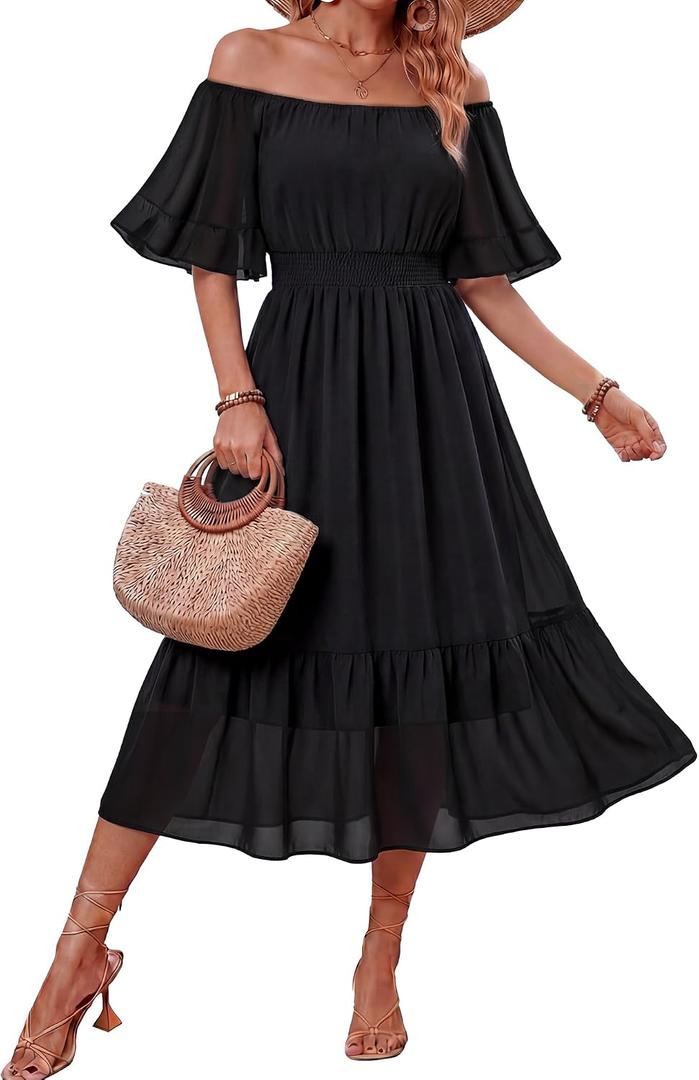 Women's Summer Boho Off Shoulder Midi Dress Ruffle Sleeve Smocked Elastic Waist Flowy Dresses (Black, S)