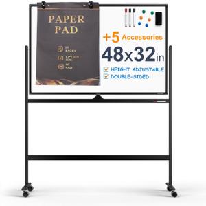Large Dry-Erase Rolling Magnetic Whiteboard - 48 x 32 Inches Dry Erase Board with Stand Height Adjust Double Sides Mobile White Board Easel on Wheels with 25 Sheets Paper Pad Office, Home & Classroom (Black)