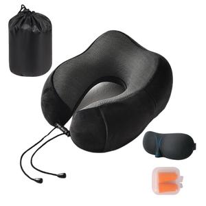 Travel Pillow 100% Pure Memory Foam Neck Pillow, Breathable & Machine Washable Cover, Neck Support Pillow with 3D Contoured Eye Mask, Earplugs & Portable Bag for Airplane Travel (Black)