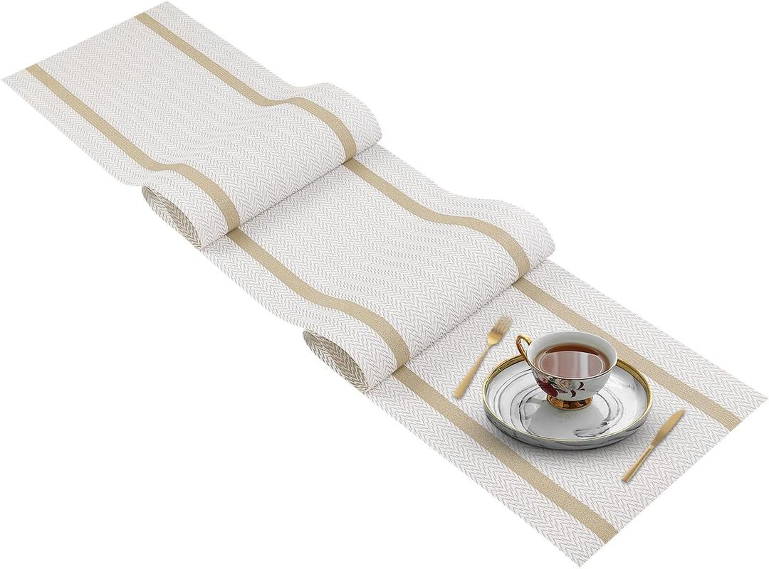 FAVE Woven Vinyl Table Runner White Table Runner Woven with Golden Threads 72x12 Inches Heat Resistant Wipeable Dining Table Mats(White-72x12) (12"x72", White)
