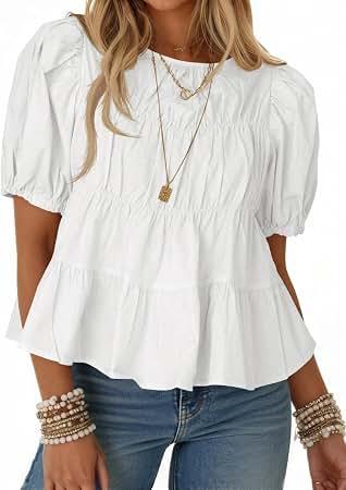 ZESICA Women's 2026 Fall Babydoll Peplum Tops V Neck Puff 3/4 Length Sleeve Shirts Dressy Casual Blouses,White,Medium