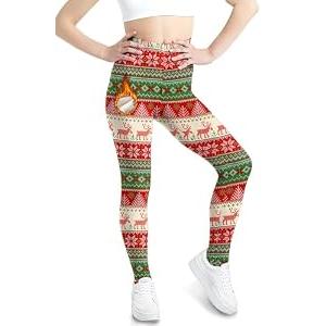 BesserBay Big Girl Christmas Slim Leggings Ugly Xmas Thick Soft Pants Green & Red Reindeer 14 Years