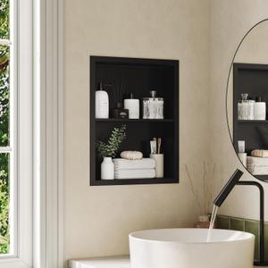 14"x18" Medicine Cabinet Recessed, Medicine Cabinet Without Mirror, 304 Stainless Steel Medicine Wall Niche with Double Shelves, Matte Black