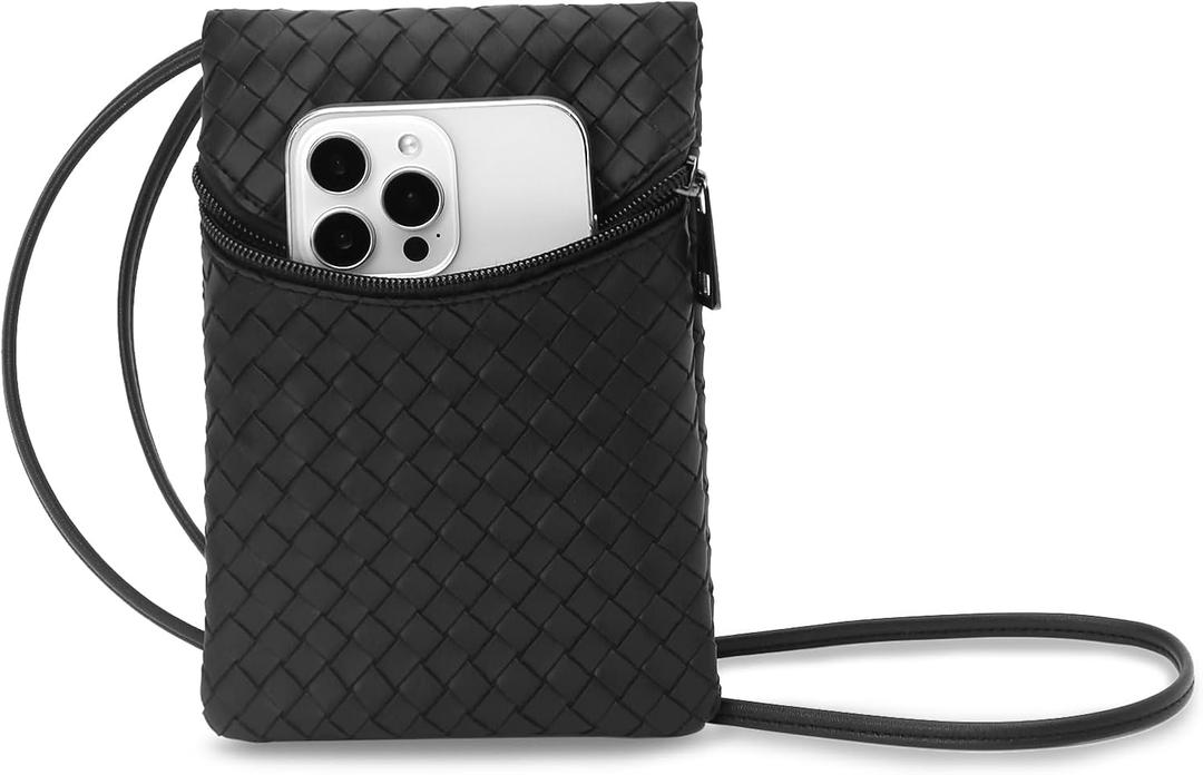 Small Crossbody Women Cell Phone Purse Wallet Bag With Shoulder Strap (Black/Pvc-weave-thin)