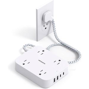 Flat Extension Cord 3 Ft, HANYCONY Power Strip with 4 USB Ports(2 USB C), 4 Widely Outlets Extender, Wall Mount, Desk Charging Station for Office, School, Travel and Dorm Room Essentials, ETL Listed (White)