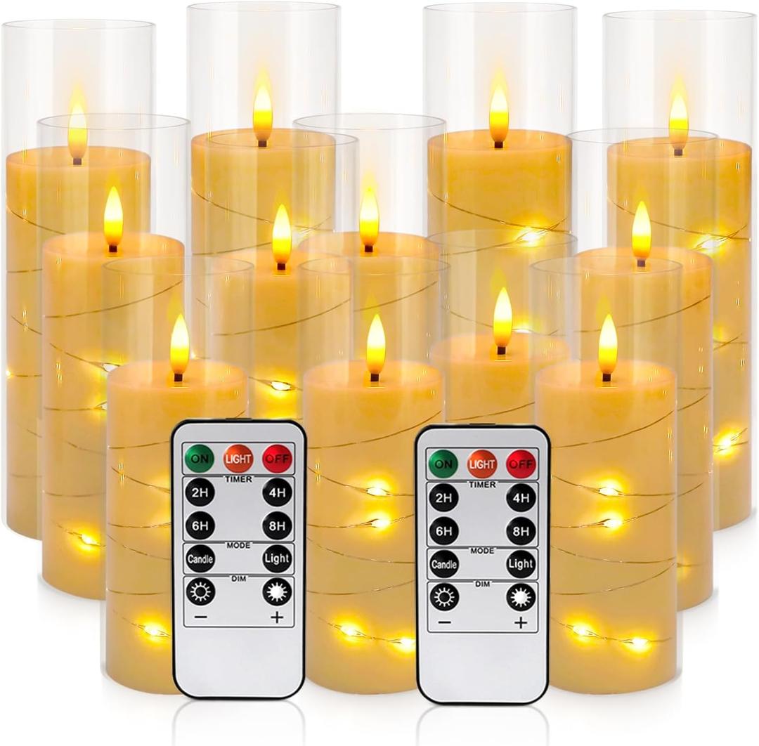 YOROXRG Flickering Flameless Candles Battery Operated with Remote, LED Pillar Candles with Realistic Moving Wick for Halloween, Christmas, Home Decor Pack of 12 (D2.2 x H 5" 6" 7") Ivory