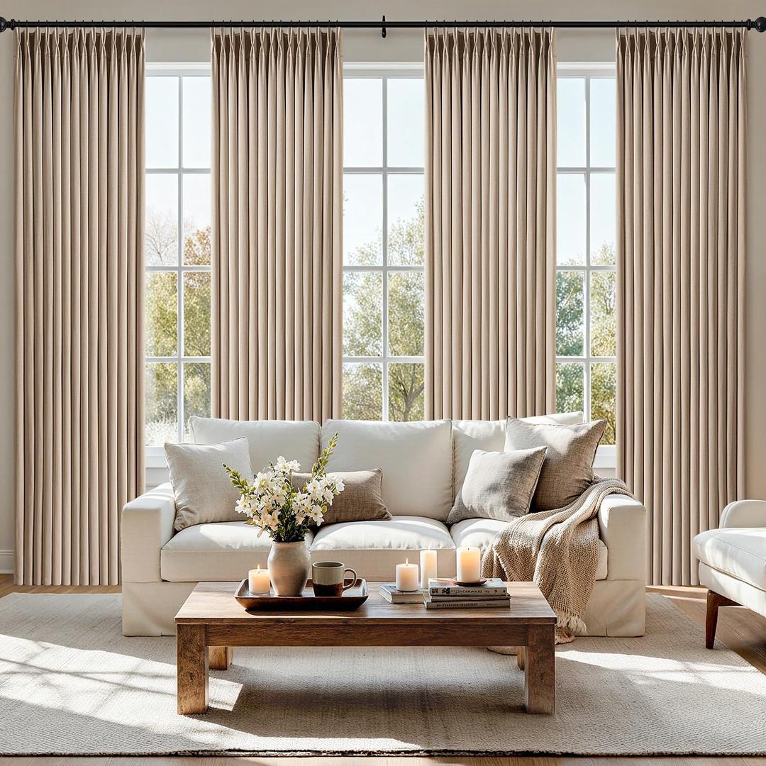MIULEE Pinch Pleated Thick Linen Curtains 102 Inch 4 Panels Set Back Tab Memory Trained Pinch Pleat Semi Sheer Light Filtering Privacy Curtain Let Light in Window Drape for Living Room Bedroom Taupe