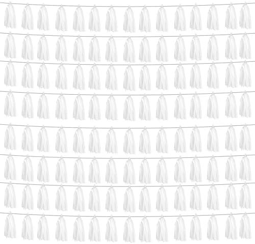 8P White Foil Fringe Metallic Tassel Streamers Banner Tassel Garland for Parade Floats, Graduation, Wedding, Birthday, Halloween, Christmas, Bridal/Baby Shower Party Decorations