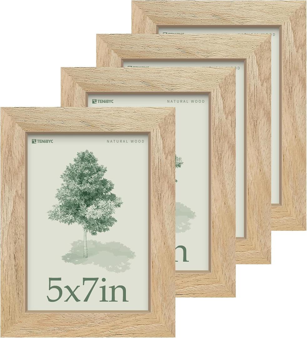 5x7 Picture Frame 4 Pack, Natural Solid Wood Photo Frame, HD Tempered Glass, Table Display or Wall Hanging