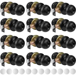 12 Pack Matte Black Privacy Door Knobs Keyless Interior/Exterior Doorknobs Lockset with Hardware Instruction and Wall Protector for Bedroom Bathroom