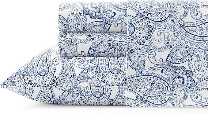 Pointehaven Combed Cotton Percale Printed Full Boho Paisley Blue Quilt Set - King Quilt and Two King Shams - Floral - Taupe Blue and Cream - Quilt (106x92in.) and Shams (20x36in.) - Reversible - Cotton