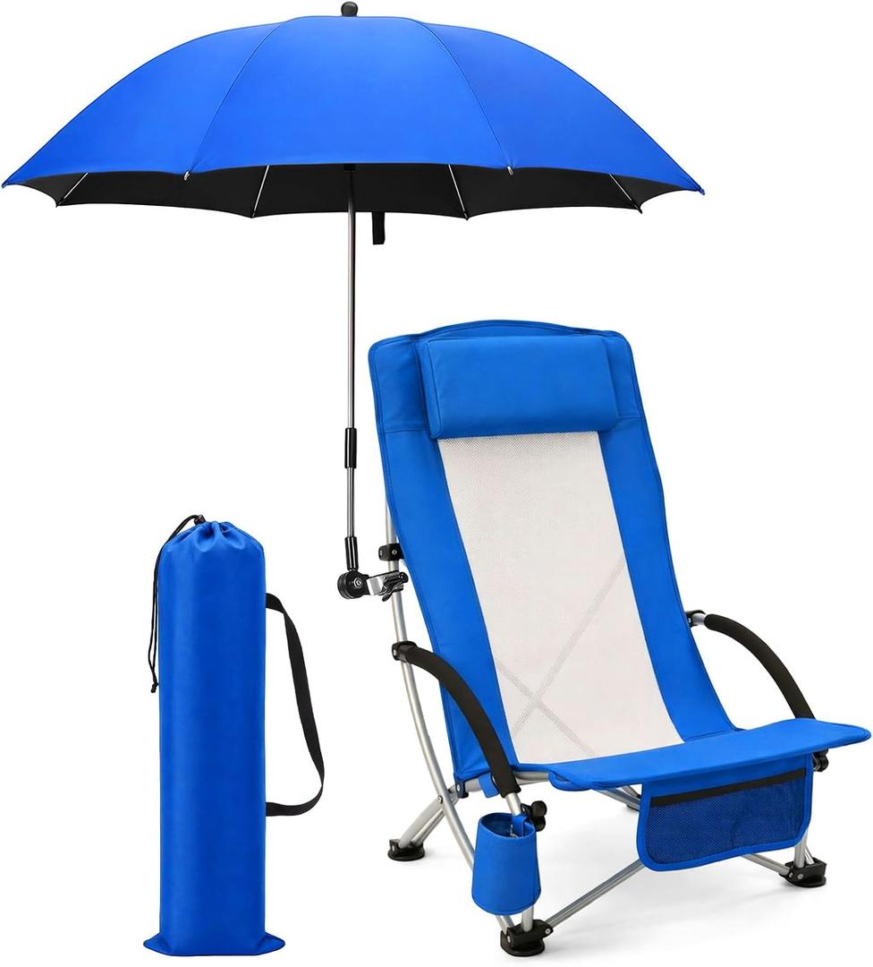 Colingmill 2 Pcs Low Beach Chair with Umbrella Camping Chair Backpack Folding Recliner Mesh Back with Headrest Cup Holder Carry Bag for Summer Tent Picnics Outdoor Travel Barbecues (Ocean Blue)